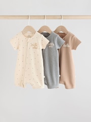 Neutral/Tan 3 Pack Two Way Zip Baby 100% Cotton Rompers (0mths-3yrs) - Image 1 of 1