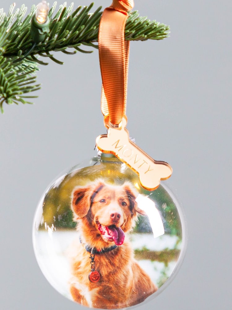 Personalised Pet Photo Christmas Bauble with Mirror Bone Charm by No Ordinary Gift - Image 1 of 1