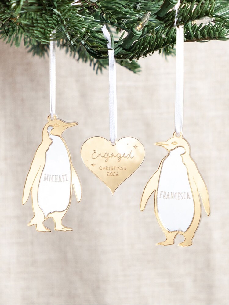 Metallic Mirror Penguin Couple and Heart Hanging Christmas Decorations by No Ordinary Gift - Image 1 of 1
