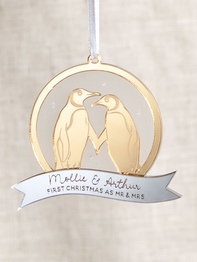 Metallic Mirror Penguin Couple Hanging Christmas Decoration by No Ordinary Gift - Image 1 of 1