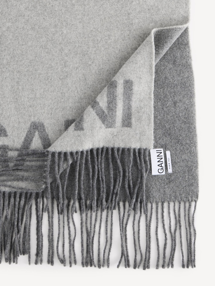 GANNI Grey Fringed Wool Scarf - Image 2 of 4 GANNI Grey Fringed Wool Scarf - Image 2 of 4