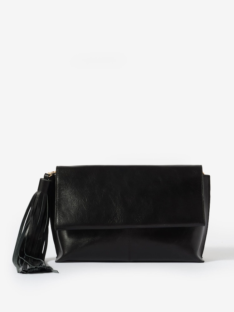 Mint Velvet Black Daisy Leather Fold Over Tassel Clutch - Image 2 of 5 Mint Velvet Black Daisy Leather Fold Over Tassel Clutch - Image 2 of 5