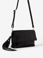 Mint Velvet Black Daisy Leather Fold Over Tassel Clutch - Image 4 of 5
