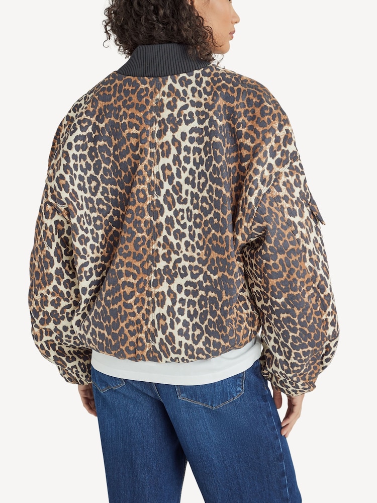 Ganni Leopard Oversized Leopard Print Short Bomber Jacket - Image 2 of 6