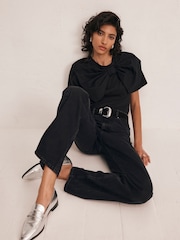 Mint Velvet Black Woven Bow T-Shirt - Image 1 of 4