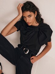 Mint Velvet Black Woven Bow T-Shirt - Image 2 of 4