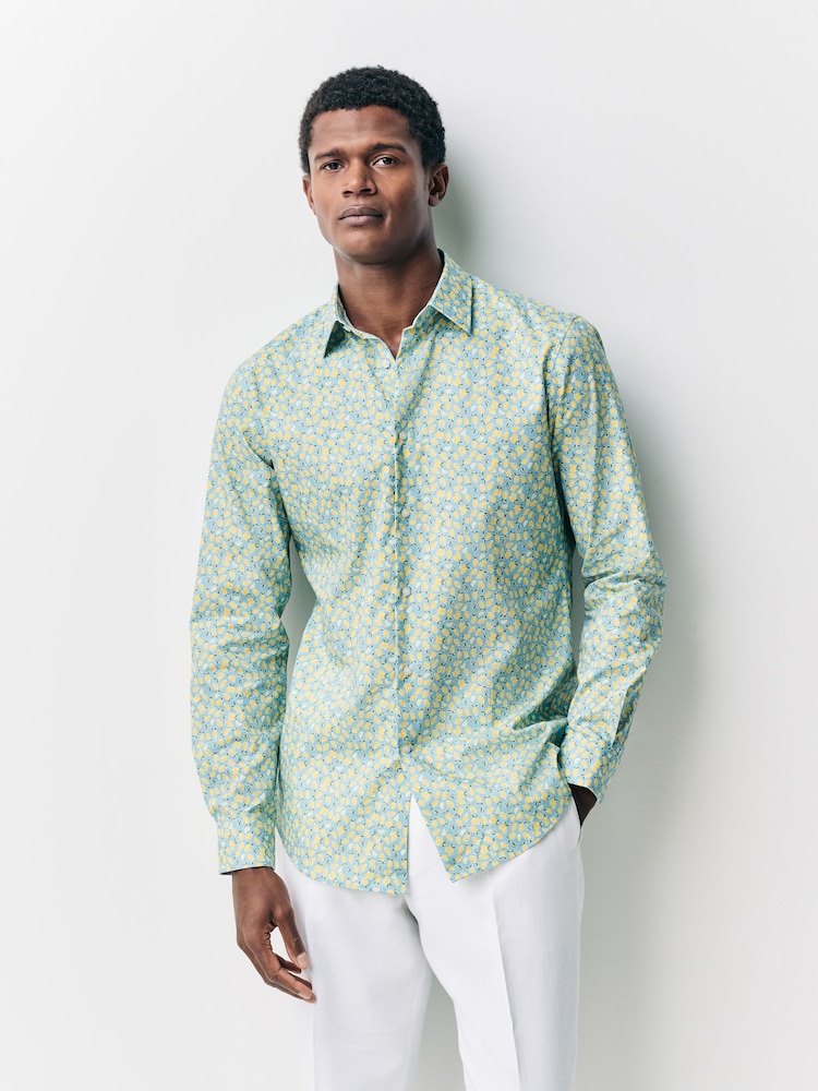 Blue/Lemon Conversational Slim Fit 100% Cotton Long Sleeve Single Cuff Printed Formal Shirt - Image 1 of 8