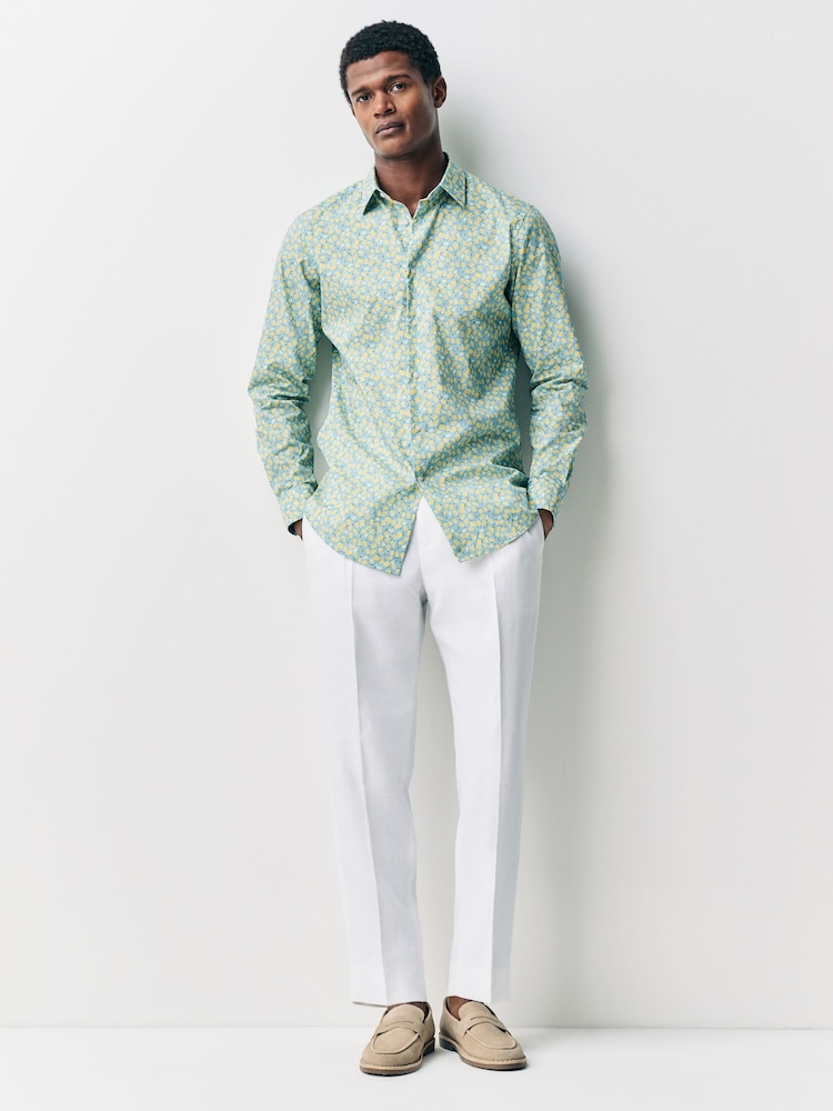 Blue/Lemon Conversational Slim Fit 100% Cotton Long Sleeve Single Cuff Printed Formal Shirt - Image 2 of 8