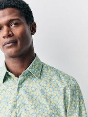 Blue/Lemon Conversational Slim Fit 100% Cotton Long Sleeve Single Cuff Printed Formal Shirt - Image 4 of 8