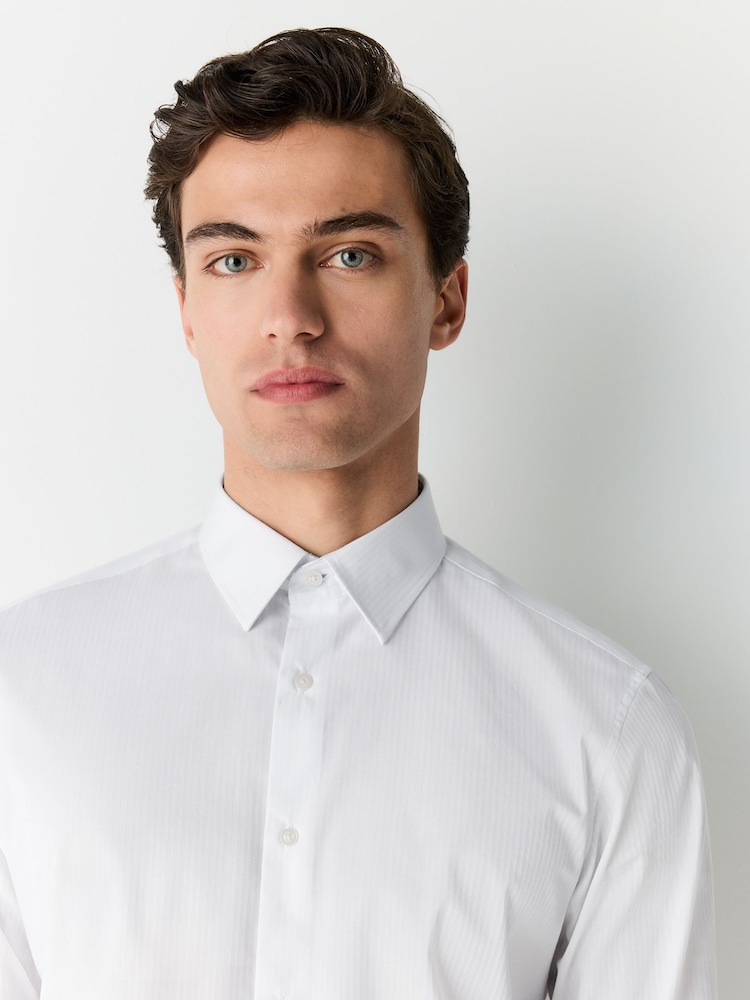 White Slim Fit Stripe Easy care Textured Trimmed Shirt - Image 1 of 9