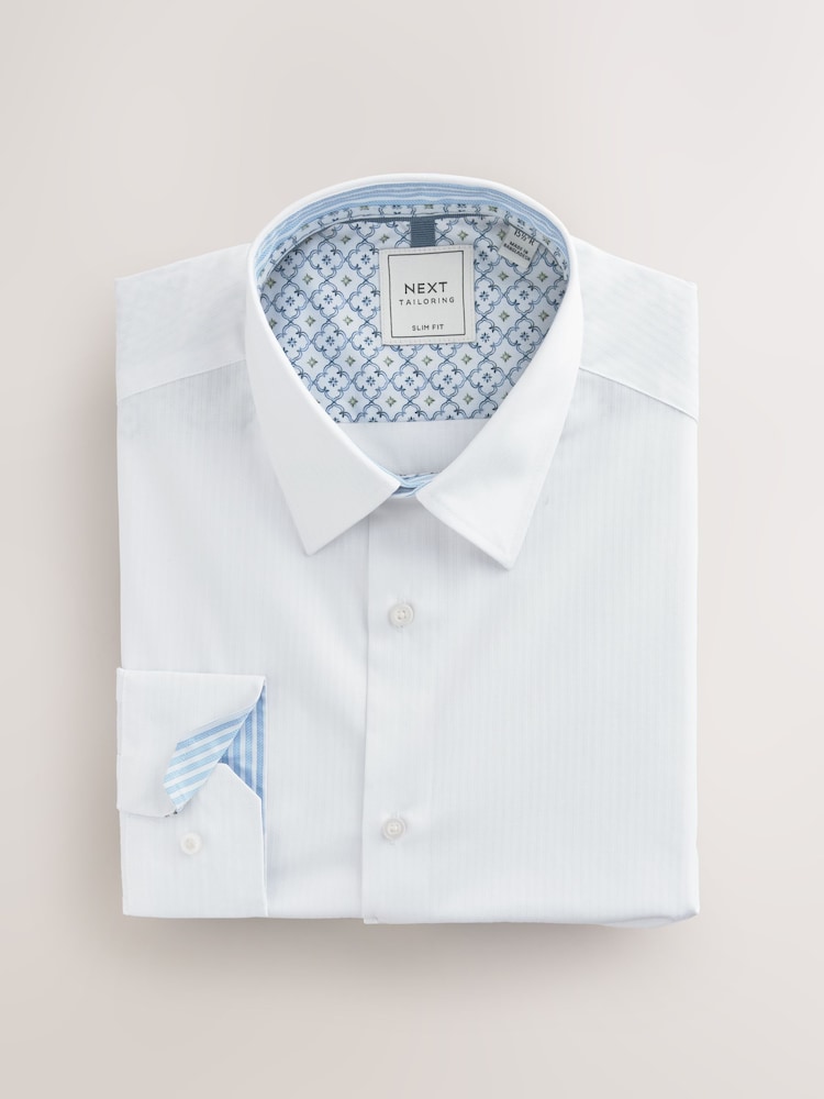 White Slim Fit Stripe Easy care Textured Trimmed Shirt - Image 2 of 9