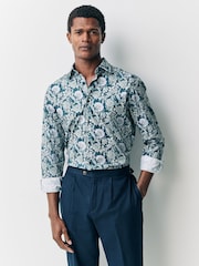 Navy Jacobean Floral Slim Fit 100% Cotton Long Sleeve Single Cuff Printed Formal Shirt - Image 1 of 9