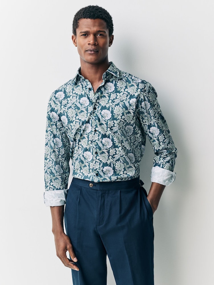 Navy Jacobean Floral Slim Fit 100% Cotton Long Sleeve Single Cuff Printed Formal Shirt - Image 1 of 9