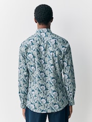 Navy Jacobean Floral Slim Fit 100% Cotton Long Sleeve Single Cuff Printed Formal Shirt - Image 3 of 9