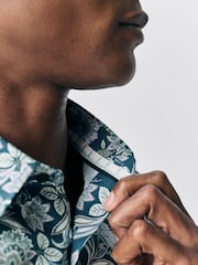 Navy Jacobean Floral Slim Fit 100% Cotton Long Sleeve Single Cuff Printed Formal Shirt - Image 5 of 9