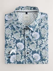 Navy Jacobean Floral Slim Fit 100% Cotton Long Sleeve Single Cuff Printed Formal Shirt - Image 7 of 9