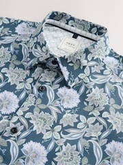 Navy Jacobean Floral Slim Fit 100% Cotton Long Sleeve Single Cuff Printed Formal Shirt - Image 8 of 9