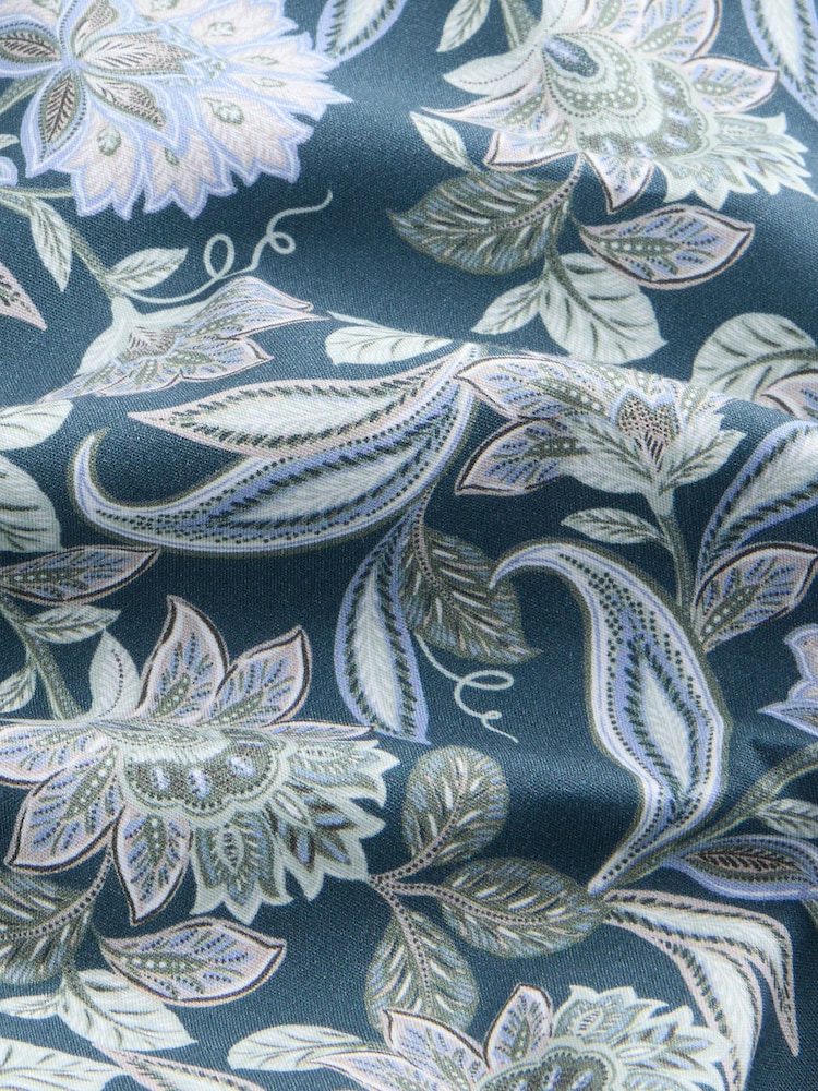 Navy Jacobean Floral Slim Fit 100% Cotton Long Sleeve Single Cuff Printed Formal Shirt - Image 9 of 9