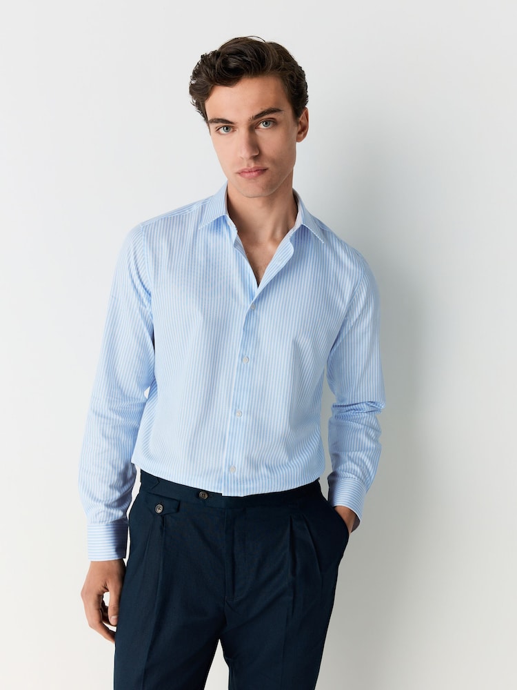 Blue Slim Fit Stripe Easy care Textured Trimmed Shirt - Image 1 of 8