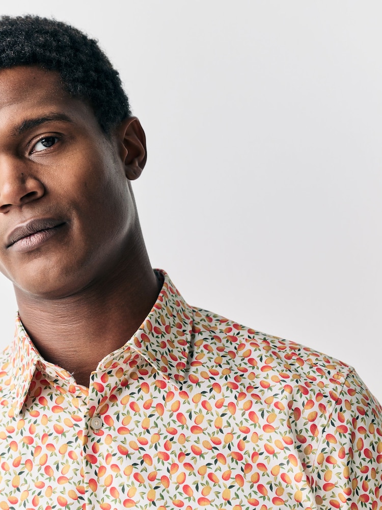 Yellow/Mango Conversational Slim Fit 100% Cotton Long Sleeve Single Cuff Printed Formal Shirt - Image 1 of 7