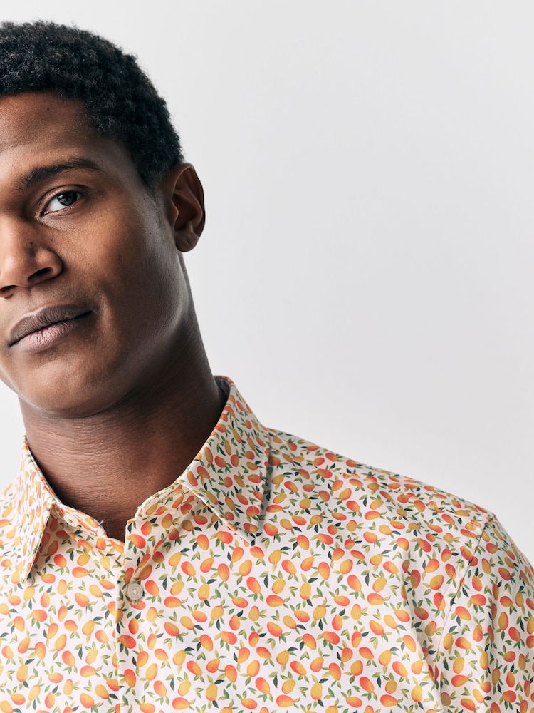 Yellow/Mango Conversational Slim Fit 100% Cotton Long Sleeve Single Cuff Printed Formal Shirt - Image 1 of 5 Yellow/Mango Conversational Slim Fit 100% Cotton Long Sleeve Single Cuff Printed Formal Shirt - Image 1 of 5