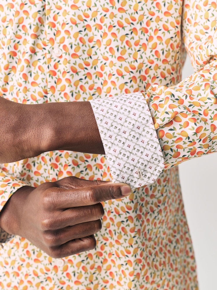 Yellow/Mango Conversational Slim Fit 100% Cotton Long Sleeve Single Cuff Printed Formal Shirt - Image 5 of 5