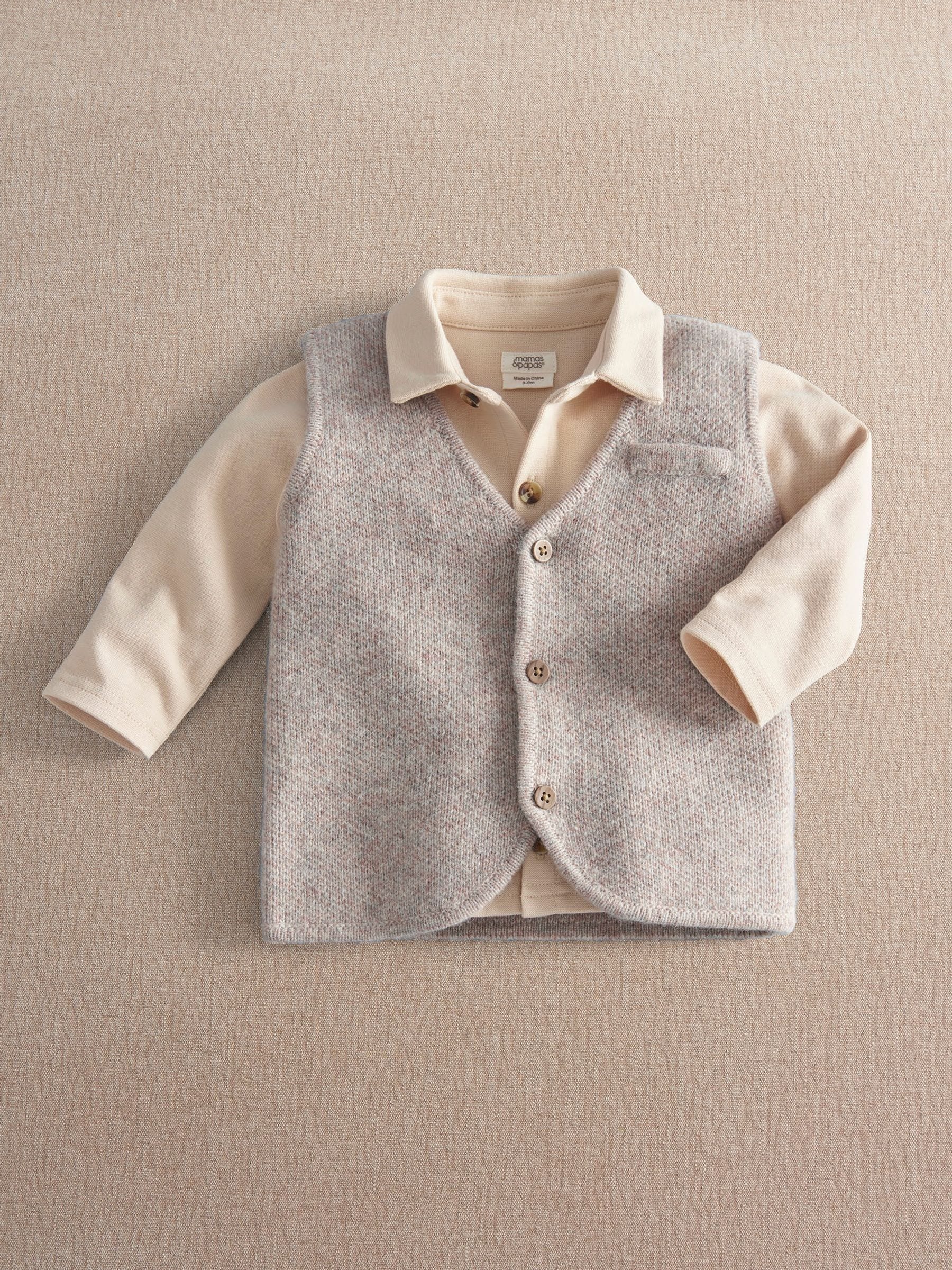 Mamas & Papas Men's Brown Knitted Waistcoat & Shirt Set - Image 1