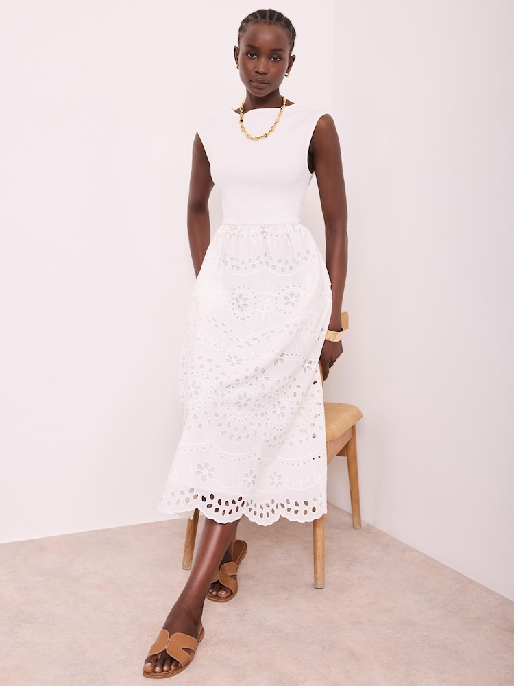 Mint Velvet White Jersey Broderie Midi Dress - Image 1 of 7