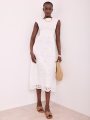 Mint Velvet White Jersey Broderie Midi Dress - Image 4 of 7