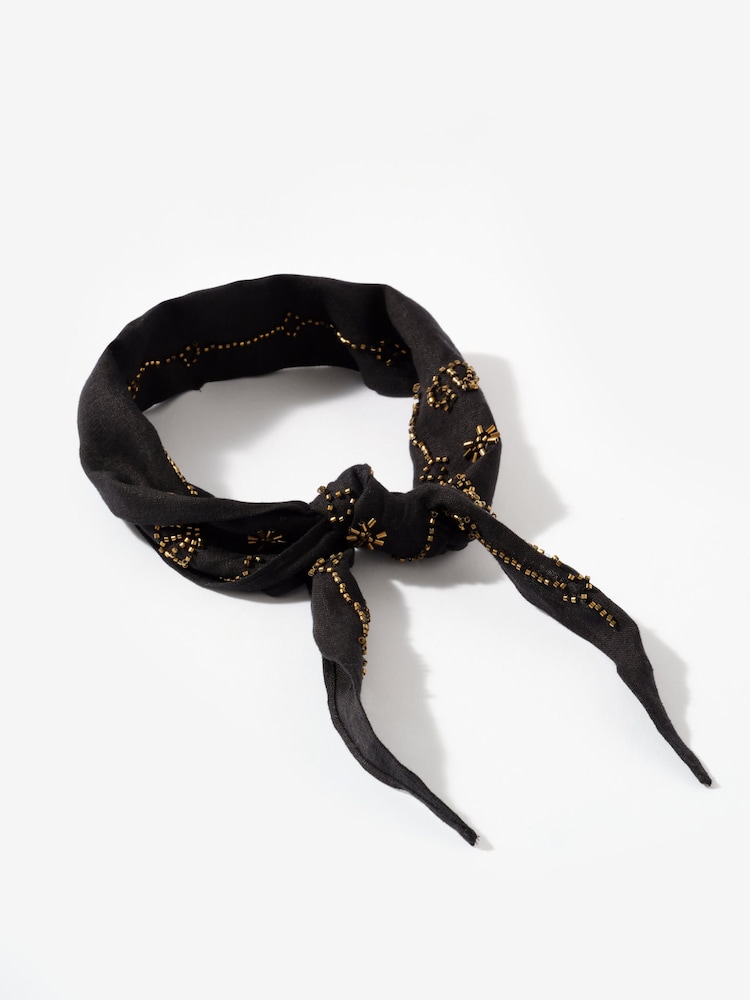 Mint Velvet Black Linen Embellished Neck Scarf - Image 2 of 3