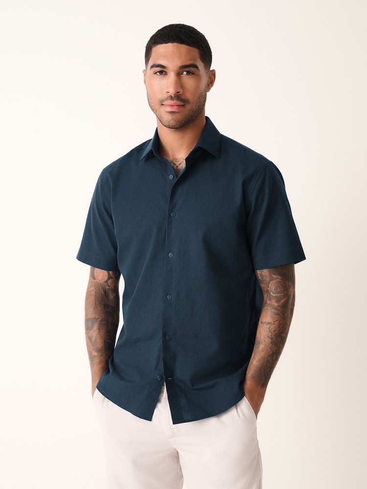Navy Blue Regular Fit Cotton Blend Short Sleeve Cutaway Collar Shirt - Image 1 of 7
