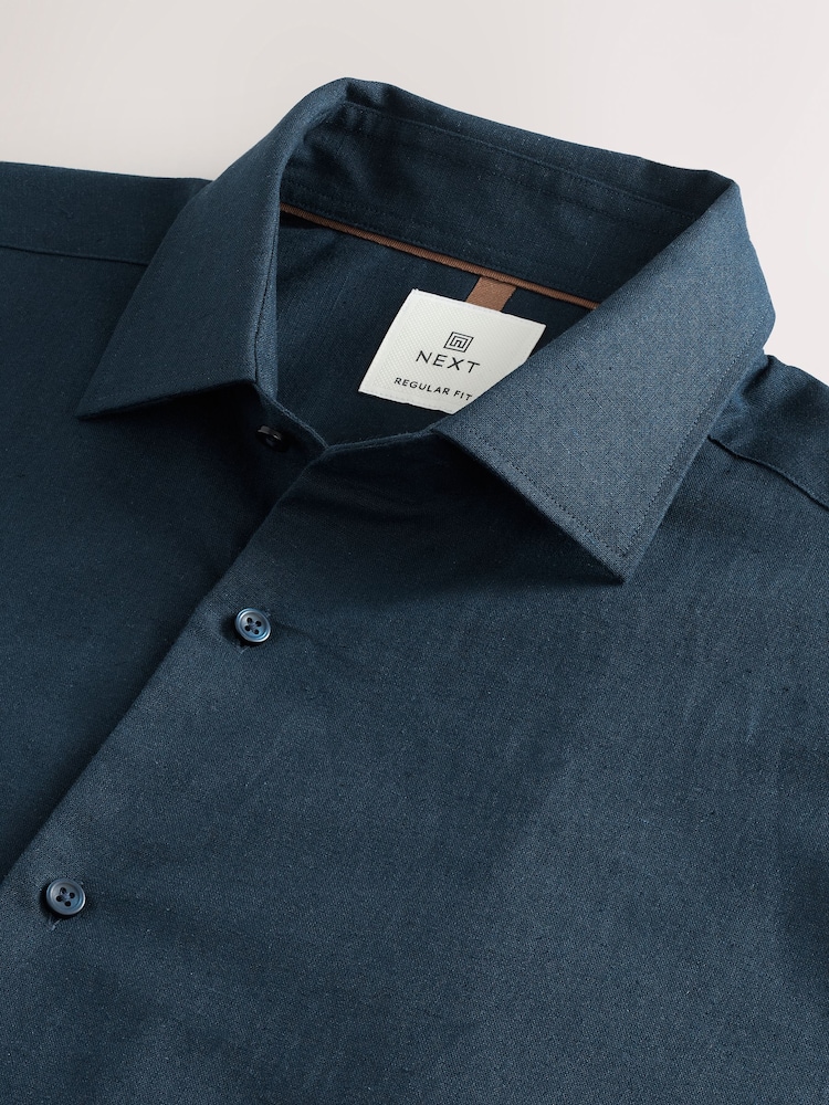 Navy Blue Regular Fit Cotton Blend Short Sleeve Cutaway Collar Shirt - Image 7 of 7