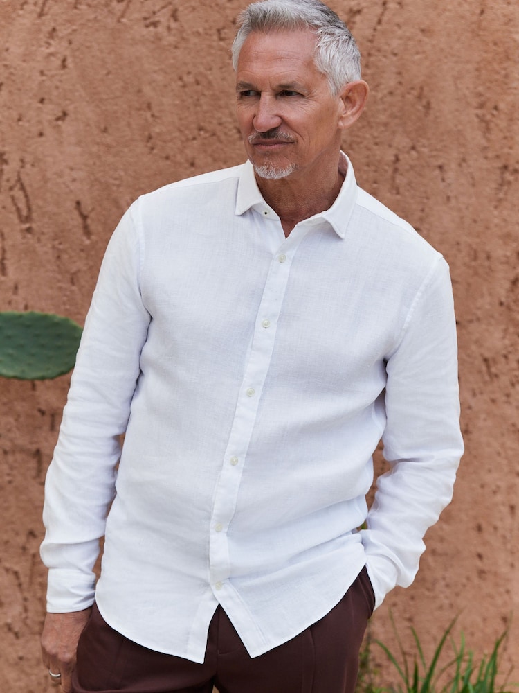 White Regular Fit Signature 100% Delave Linen Long Sleeve Shirt - Image 1 of 8