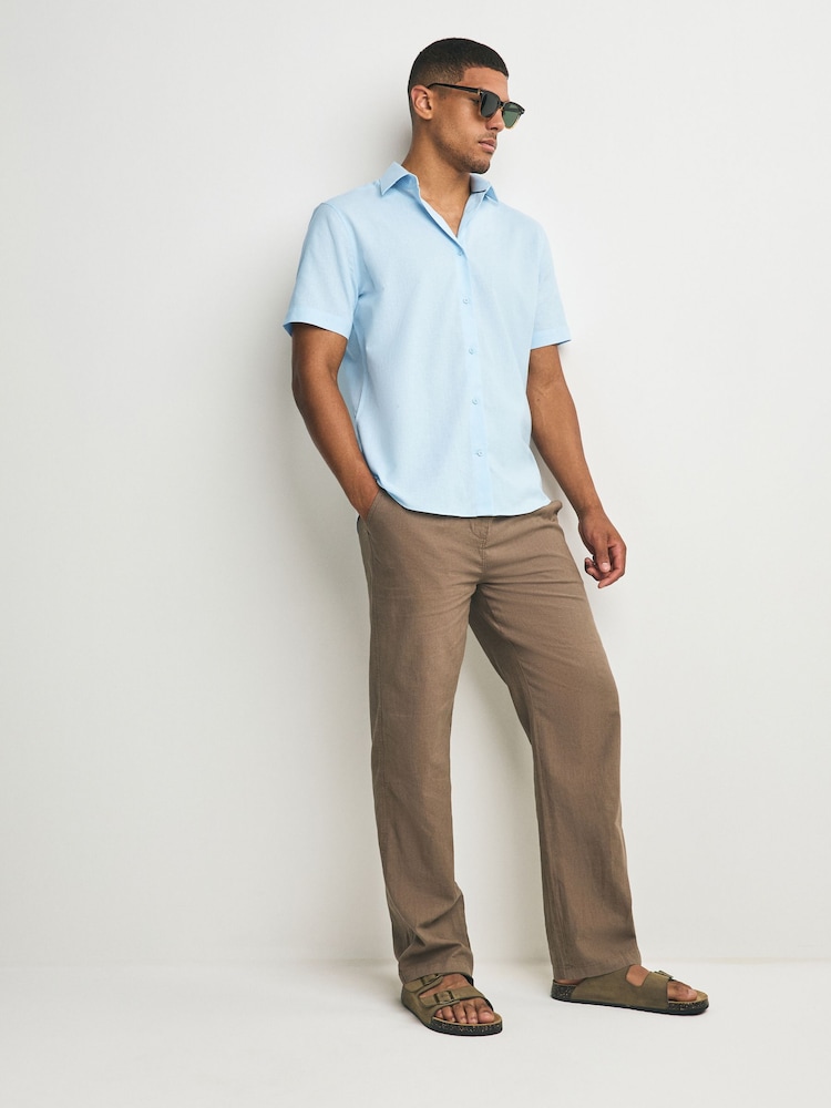 Light Blue Regular Fit Cotton/Linen Blend Short Sleeve Cutaway Collar Shirt - Image 2 of 7 Light Blue Regular Fit Cotton/Linen Blend Short Sleeve Cutaway Collar Shirt - Image 2 of 7