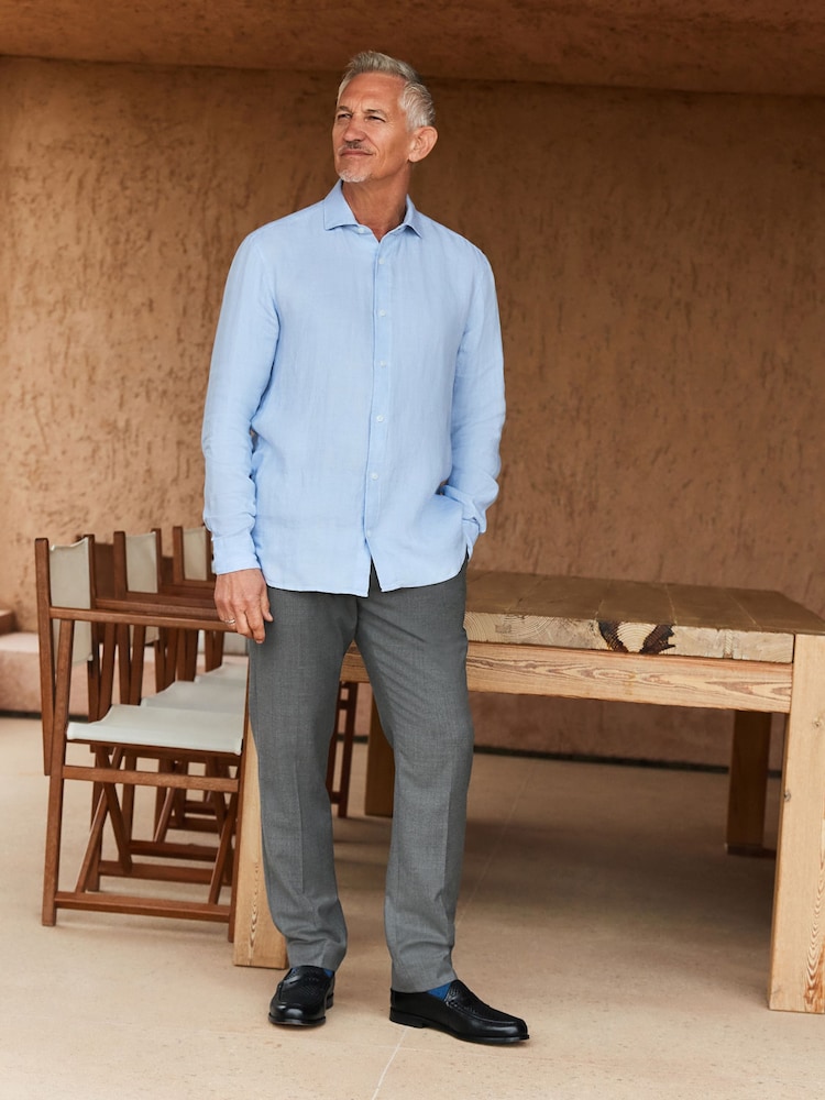 Light Blue Regular Fit Signature 100% Delave Linen Long Sleeve Shirt - Image 2 of 4