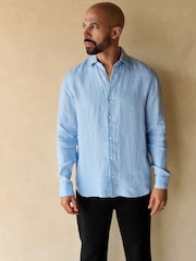Голубой - Stripe 100% Linen Basket Weave Long Sleeve Smart Shirt with Cutaway Collar - Изображение 3 из 9