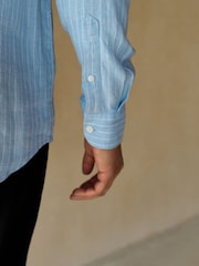 Голубой - Stripe 100% Linen Basket Weave Long Sleeve Smart Shirt with Cutaway Collar - Изображение 6 из 9