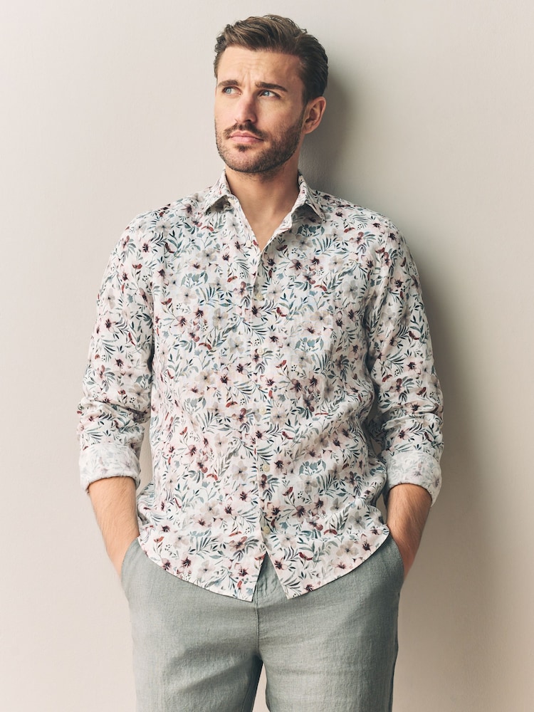 Floral branco/rosa - Print 100% Linen Long Sleeve Smart Shirt - Imagem 1 de 5