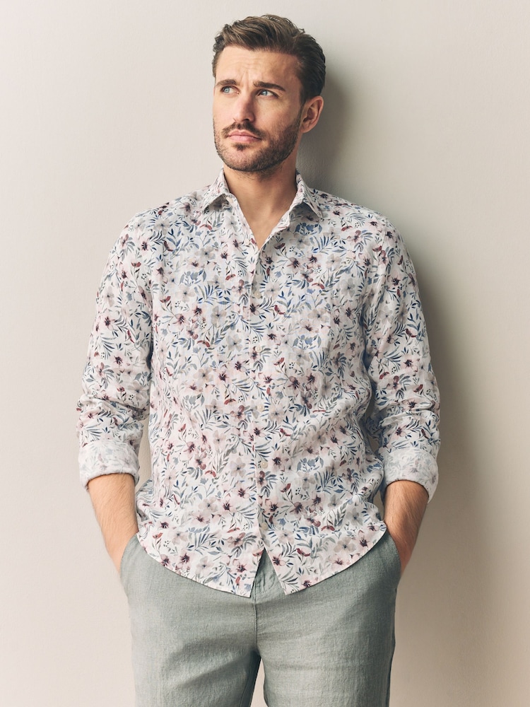 White/Pink Floral Regular Fit Print 100% Linen Long Sleeve Smart Shirt - Image 1 of 8 White/Pink Floral Regular Fit Print 100% Linen Long Sleeve Smart Shirt - Image 1 of 8