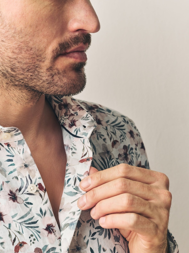 Floral branco/rosa - Print 100% Linen Long Sleeve Smart Shirt - Imagem 5 de 5