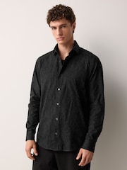 Black Regular Fit Long Sleeve 100% Cotton Floral Embroided Smart Shirt - Image 2 of 7