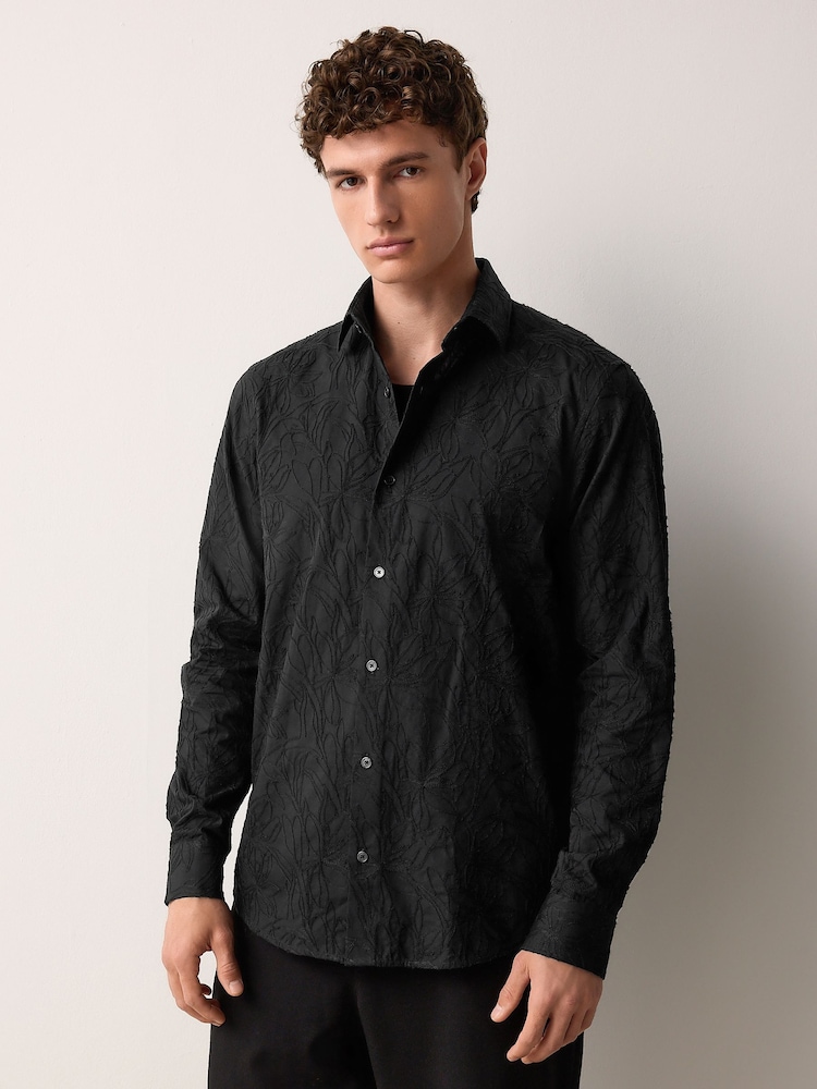 Black Regular Fit Long Sleeve 100% Cotton Floral Embroided Smart Shirt - Image 2 of 7