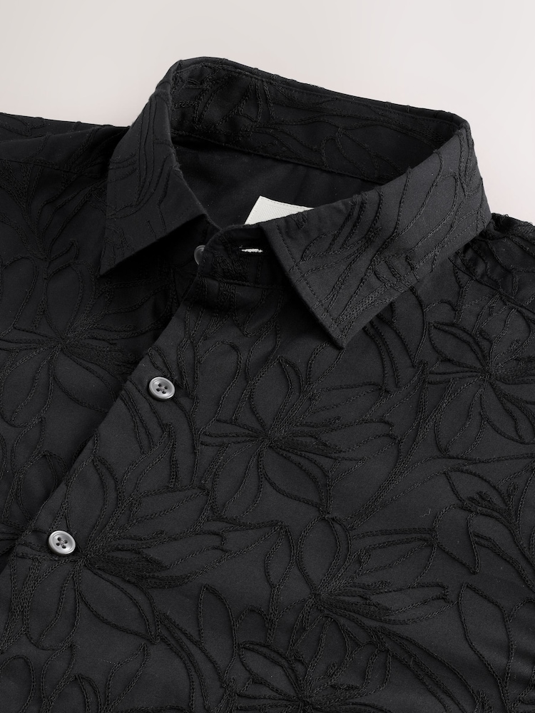 Black Regular Fit Long Sleeve 100% Cotton Floral Embroided Smart Shirt - Image 7 of 7