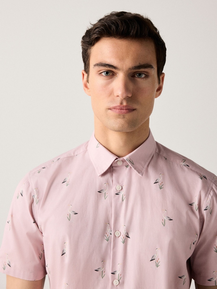 Light Pink Bird Conversational Regular Fit Print Short Sleeve Shirt - Image 1 of 7