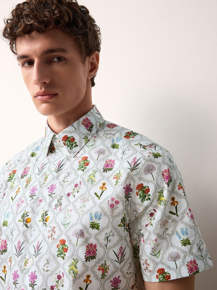 White/Multi-Colour Trellis Floral Regular Fit Print Short Sleeve Shirt - Image 4 of 7