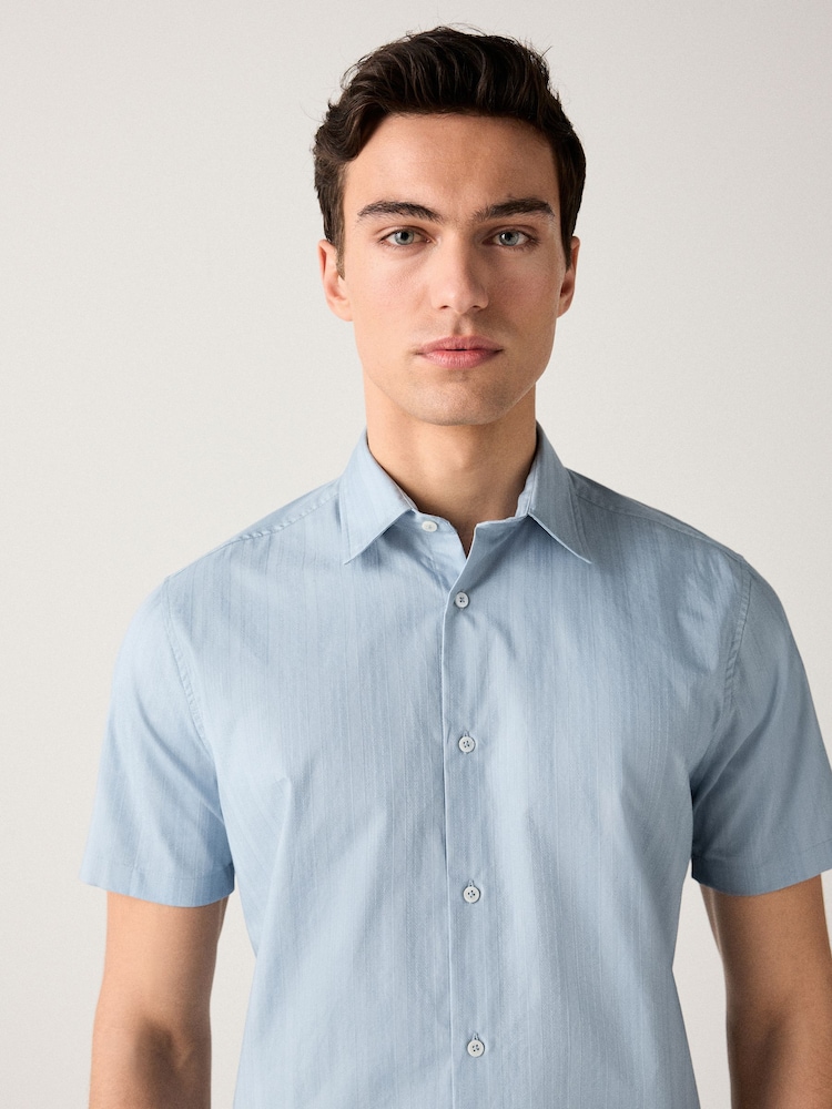 Light Blue Tonal Stripe Regular Fit 100% Cotton Short Sleeve Textured Shirt - Image 1 of 8