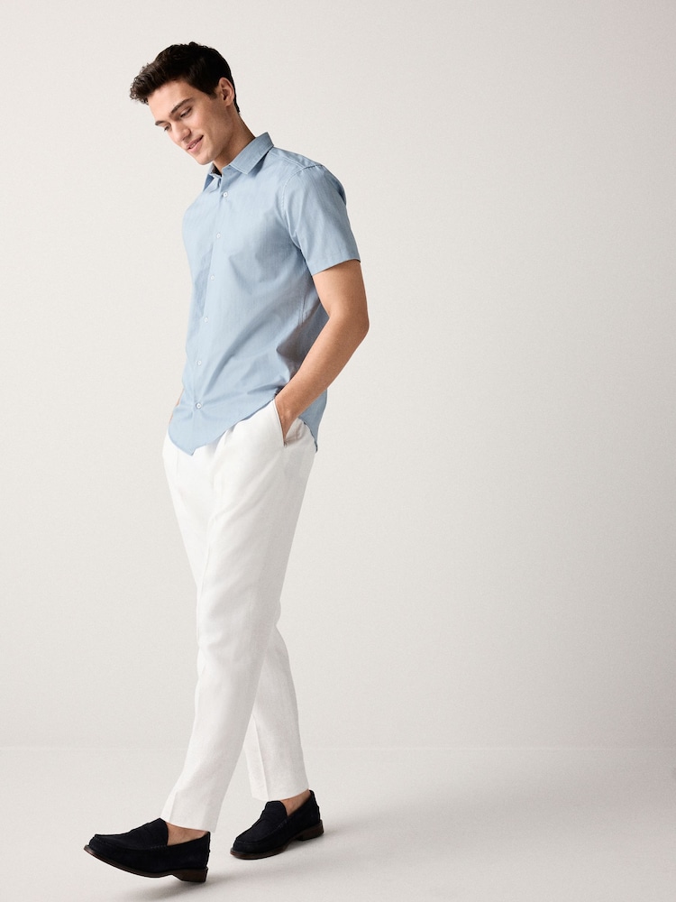 Light Blue Tonal Stripe Regular Fit 100% Cotton Short Sleeve Textured Shirt - Image 2 of 8