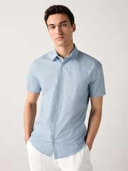 Light Blue Tonal Stripe Regular Fit 100% Cotton Short Sleeve Textured Shirt - Image 4 of 8