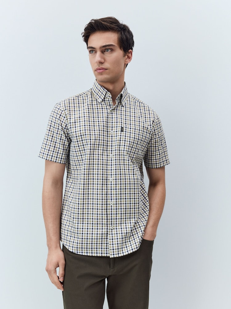 Navy/ Neutral Gingham Check Easy Iron Button Down Short Sleeve Oxford Shirt - Image 1 of 7