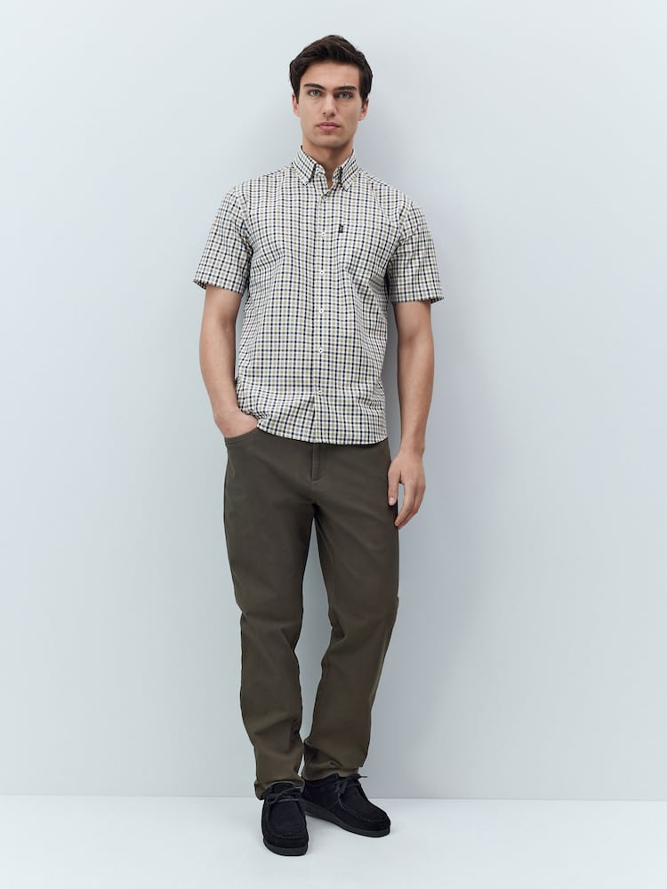 Navy/ Neutral Gingham Check Easy Iron Button Down Short Sleeve Oxford Shirt - Image 2 of 7